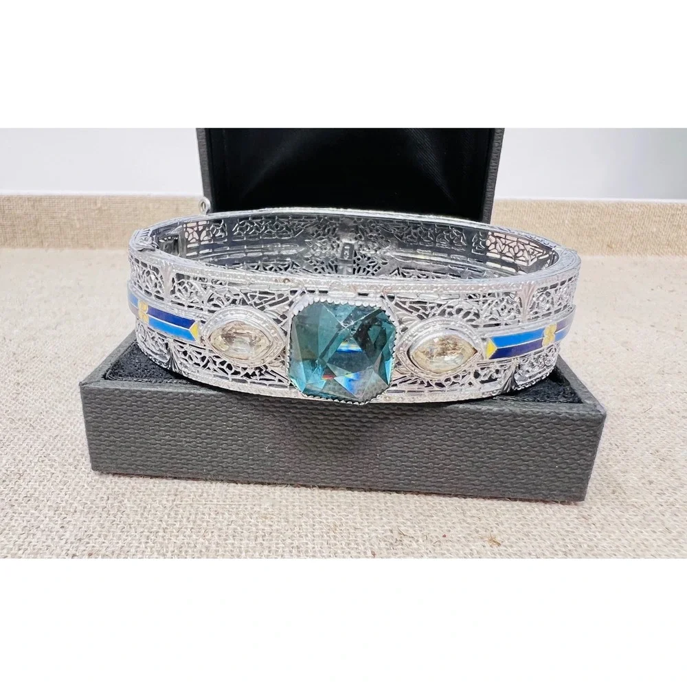 Art Deco Filigree Bangle Teal Blue Crystal Enamel Silver Tone Hinged Bracelet